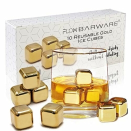 10 x goldene Whiskysteine aus Edelstahl Ice Cube Chilling Stone Rocks, wiederverwendbare Metalleiswürfel für Whisky, Wein & Gin & Tonic Drinks von FLOW Barware (Gold) - 1