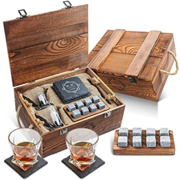 BABAN Whisky Stein Set, Wiederverwendbare Eiswürfel, 8 Eissteine und 2 * 200ml Whiskygläser, Edelstahlclips und Leinentasche, Geschenk Box aus Holz, Männer und Frauen - 1