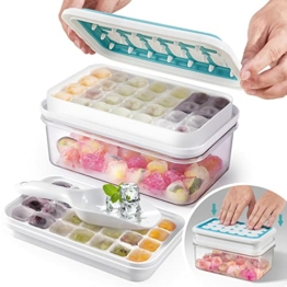 Eiswürfelform mit Deckel und Eisbox, Drücken Sie Deckel um Form 56 Stücke Eiswürfelbehälter mit Deckel BPA Frei Silikon Eiswürfelform für Gekühlte Getränke, mit 2 Eis Tablett & Eisbox &Eislöffel - 1