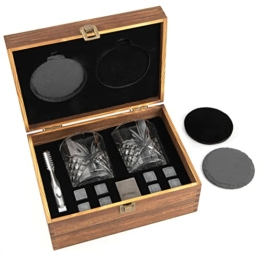 GOURMEO 8 Whiskey Steine in der Holzbox im Geschenk Set inkl. 2 Whisky Gläser aus natürlichem Basalt mit einer Edelstahl Zange - 1