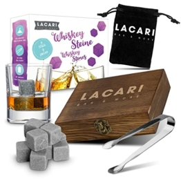 LACARI Whisky Steine Set | [9X] Wiederverwendbare Eiswürfel | Whisky Geschenkset mit Holzbox, Zange & Stoffbeutel | E-Book Geschenk | Kein Verwässern für Whiskey, Rum, Gin | Geschenk Geburtstag - 1