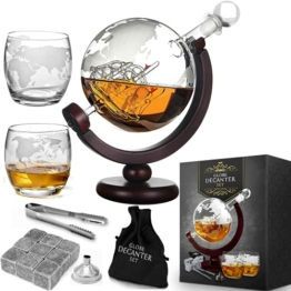 MikaMax - Globus Dekanter Set - Whisky Karaffe - mit zwei Gläser - Whiskysteine - Zange - Trichter inklusive - Handgefertigt - Transparent - 850 ML - 1