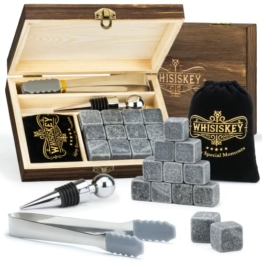 Whisiskey - Whisky Zubehör Set – Geschenk Fur Manner - 12 Whiskey Steine, Flaschenverschluss & Zange einbegriffen – Aufbewahrungsbox mit Deckel – Eiswürfel Wiederverwendbar - 1