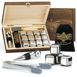 Whisiskey - Whisky Zubehör Set - Geschenke für Männer - 12 Edelstahl Whiskey Steine, F laschenverschluss & Zange – Aufbewahrungsbox – Eiswürfel Wiederverwendbar - 1