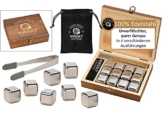 WOMA 12 Whisky Steine Edelstahl inkl. Zange & Samtbeutel in Holz Geschenkbox - Edelstahl Eiswürfel wiederverwendbar, geschmacksneutral & Kühlung ohne Verwässern - Für Whiskey, Wodka, Gin, Wein & Mehr - 1