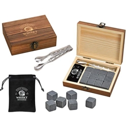 WOMA Whisky Steine Set - 6 & 12 Eiswürfel wiederverwendbar aus Basalt mit Samtbeutel, hochwertiger Holzbox und Edelstahl Zange - Geschmacksneutral & Kein Verwässern für Whiskey, Wodka, Gin & Mehr - 1